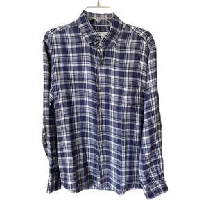 Peter Millar Beach Bluff Linen Shirt Long Sleeve Blue Plaid Preppy Casual Medium